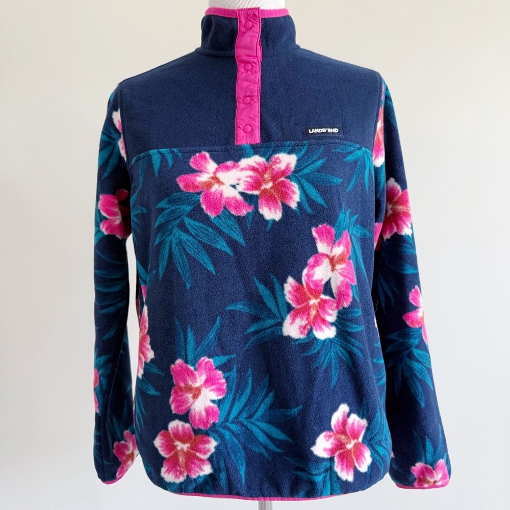 Lands’ End Quarter Snap Fleece Pullover Floral Tropical Flowers Womens Small